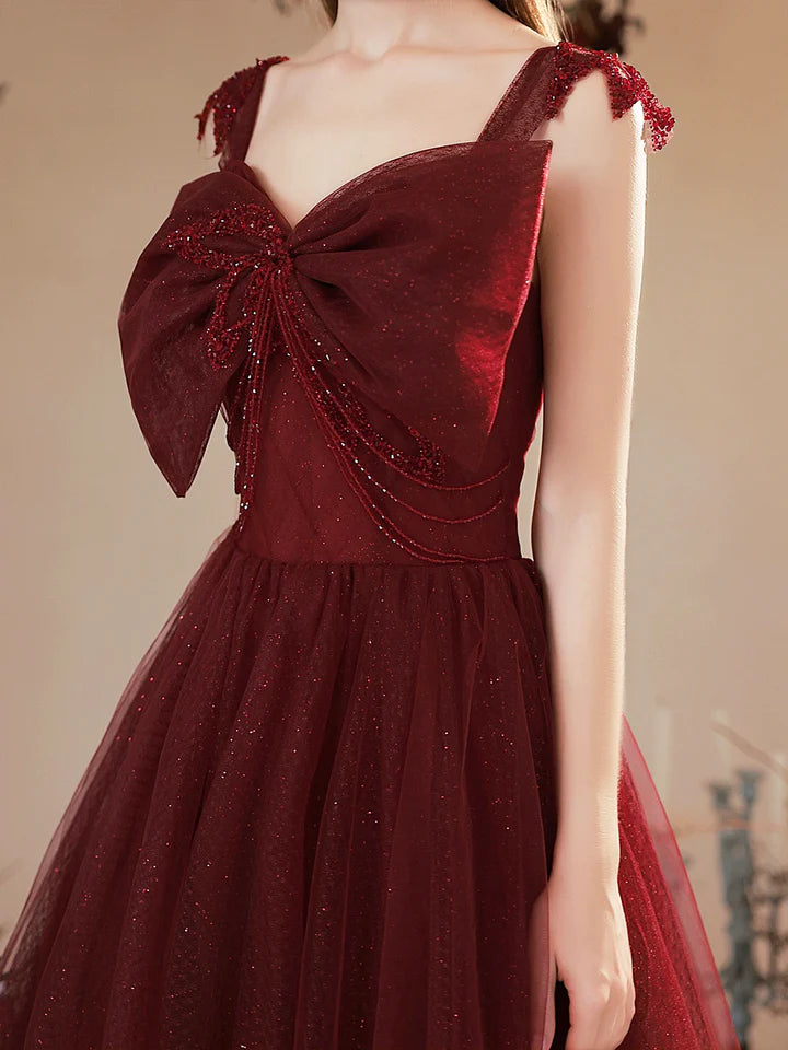 Luolandi Burgundy Tulle Long Prom Dress Lovely A-Line Evening Party Dress with Bow Floor Length