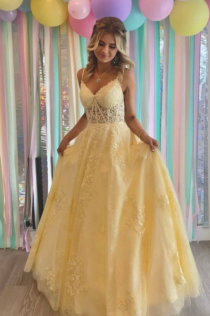 Luolandi Yellow V-Neck Lace Long Prom Dress A-Line Backless Evening Dress Sexy