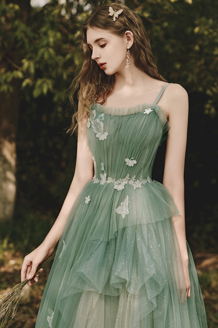 Luolandi Green Spaghetti Strap Tulle Lace Long Prom Dress Lovely A-Line Evening Dress With Butterfly