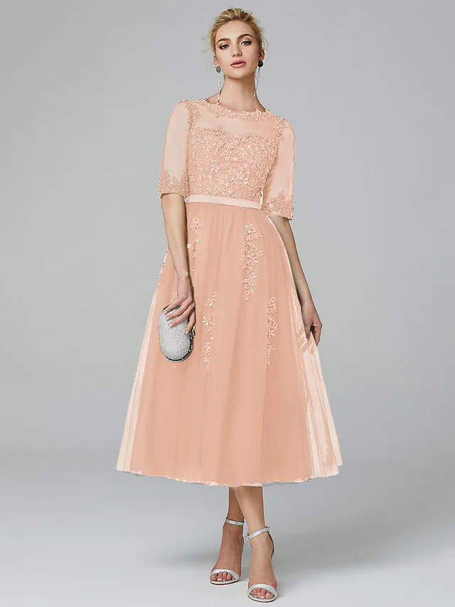 Luolandi A-Line Sparkle Wedding Guest Formal Evening Dress Illusion Neck Sleeveless Tea Length Lace Over Tulle with Sequin