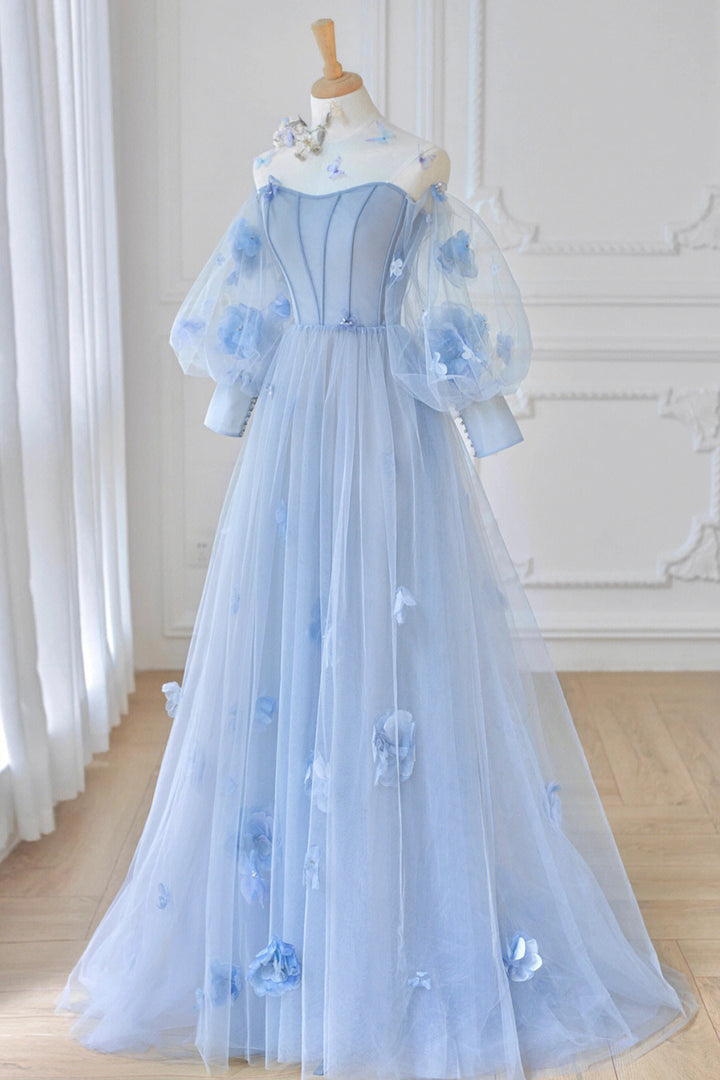 Luolandi Blue Tulle Long Sleeve Prom Dresses Cute A-Line Evening Dresses with Applique Without Neck accessories