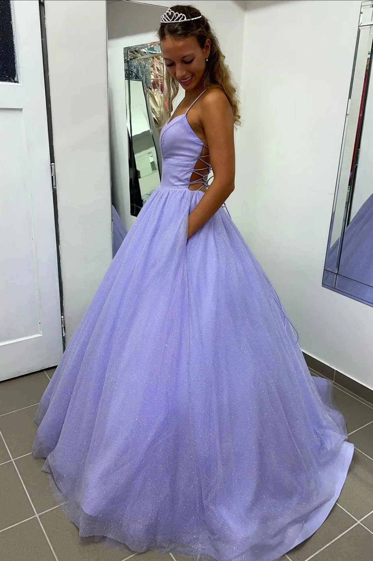 Luolandi Purple Tulle Long A-Line Prom Dress Backless Evening Dress Sexy