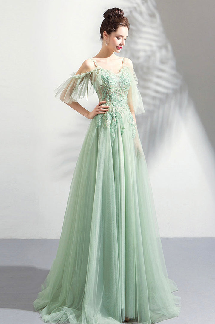 Luolandi Green Lace Floor Length Prom Dresses A-Line Off the Shoulder Evening Dress Party Dress