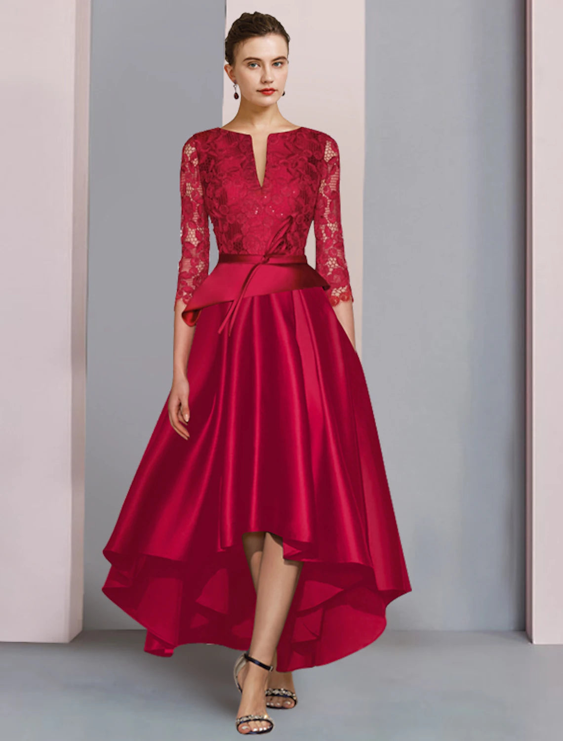Luolandi A-Line Mother of the Bride Dress Formal Fall Wedding Guest Party Elegant High Low Scoop Neck Asymmetrical Tea Length Satin Lace 3/4 Length Sleeve with Bow(s)