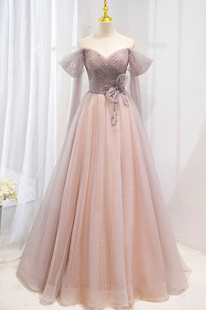 Luolandi Pink Tulle Beaded Long Prom Dress Off the Shoulder Evening Dress With Bow