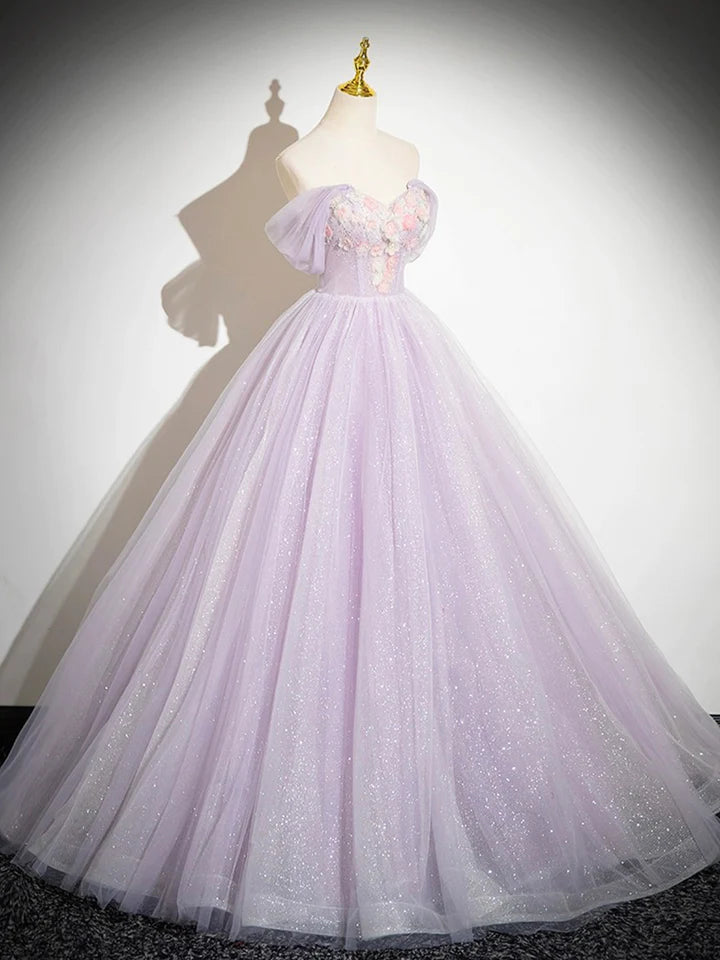 Luolandi Lilac Tulle Long Fairy Flower Prom Dress Beautiful A-Line Graduation Evening Dress Sweet 16 Dress With Flowers