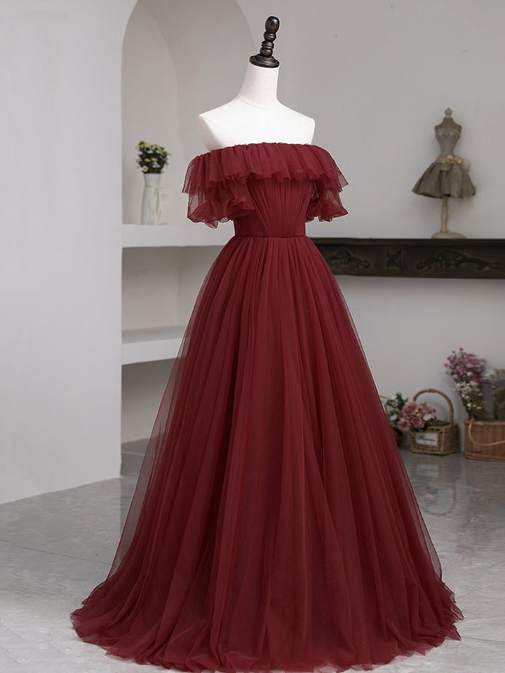 Luolandi Burgundy Tulle Floor Length Prom Dress Simple A-Line Evening Party Dress Sexy