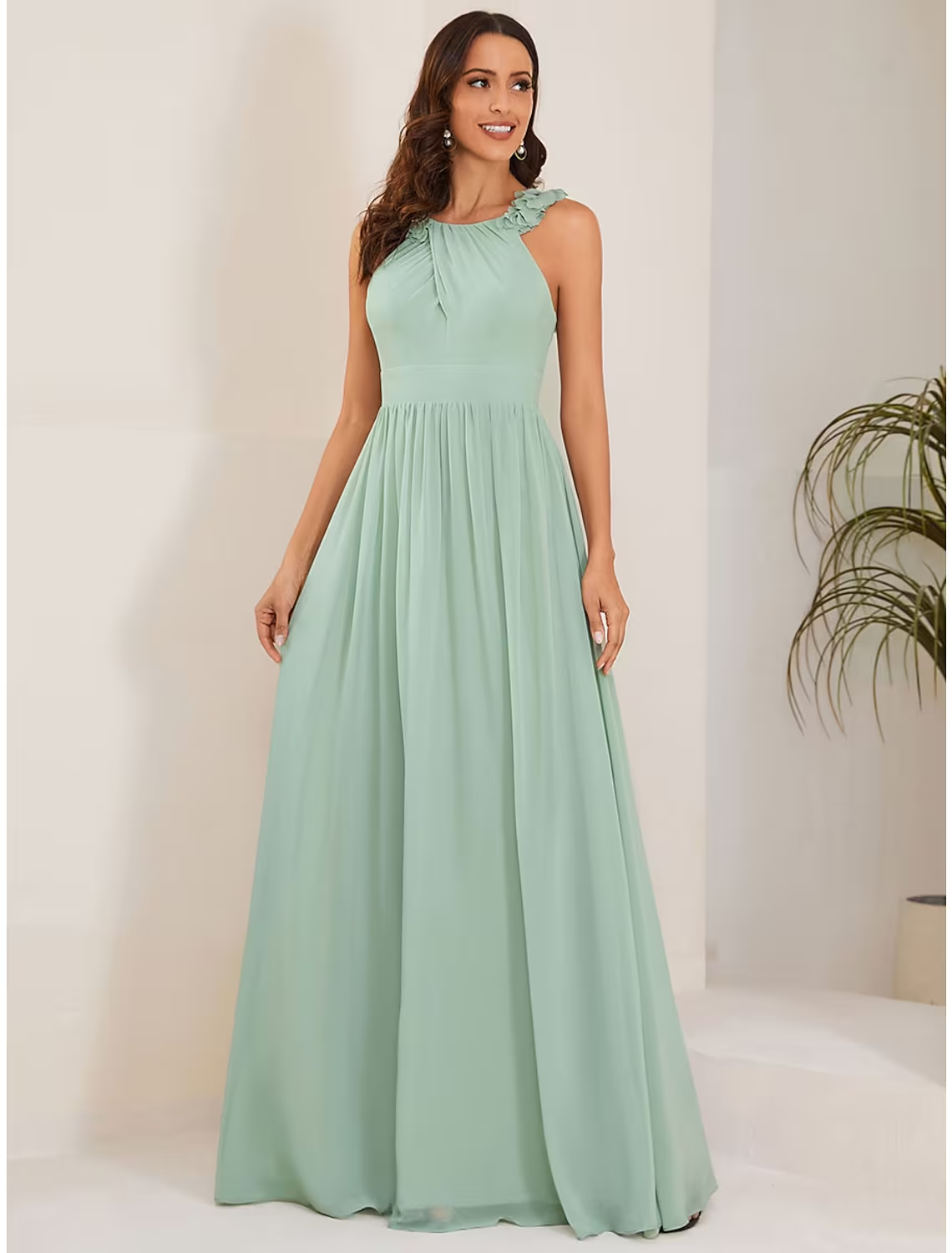 Luolandi A-Line Wedding Guest Dresses Elegant Dress Formal Floor Length Sleeveless Jewel Neck Chiffon with Pleats Flower