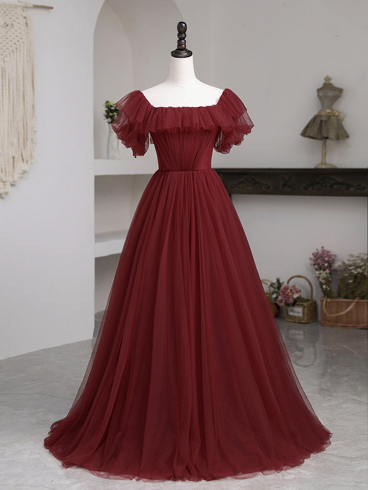 Luolandi Burgundy Tulle Floor Length Prom Dress Simple A-Line Evening Party Dress Sexy