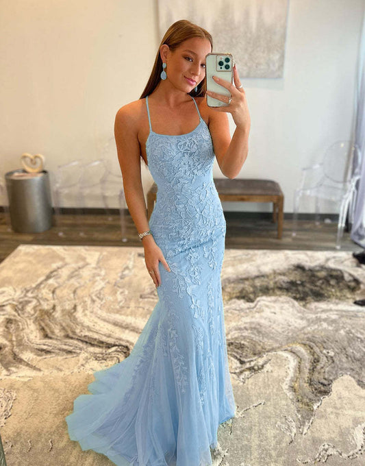 Mermaid Applique Long Prom Dress Backless Evening Dress Beautiful