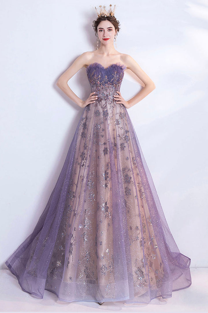 Luolandi Purple Tulle Sequins Long Prom Dresses A-Line Strapless Evening Dresses Without Crown