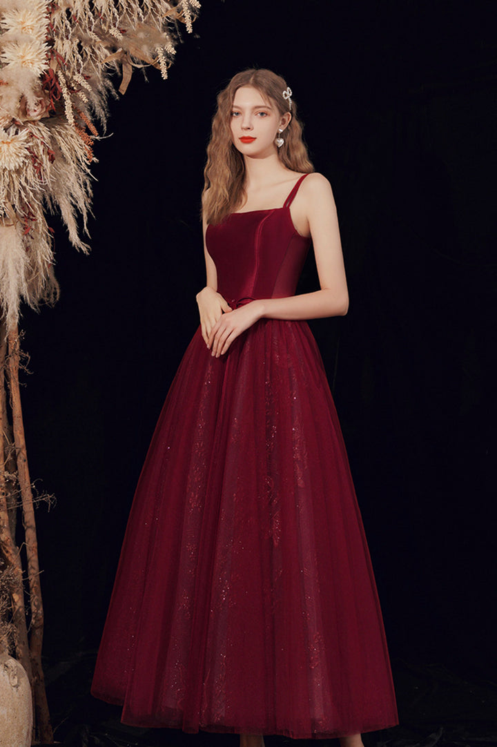 Luolandi Burgundy Tulle Long A-Line Prom Dress A-Line Formal Evening Dress Pure Color