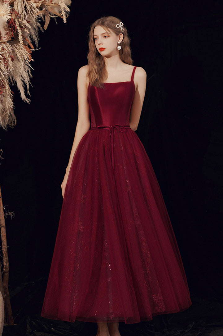 Luolandi Burgundy Tulle Long A-Line Prom Dress A-Line Formal Evening Dress Pure Color