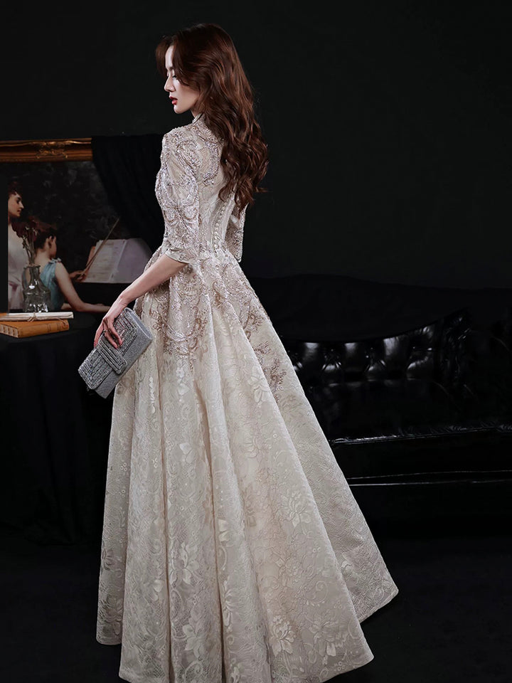 Luolandi Elegant Lace Mid-sleeve Long Formal Dress Champagne High Neck Evening Party Dress Beautiful