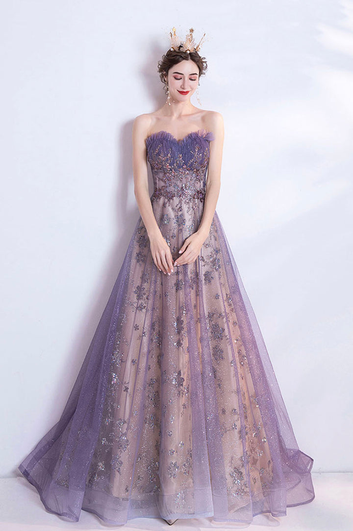 Luolandi Purple Tulle Sequins Long Prom Dresses A-Line Strapless Evening Dresses Without Crown