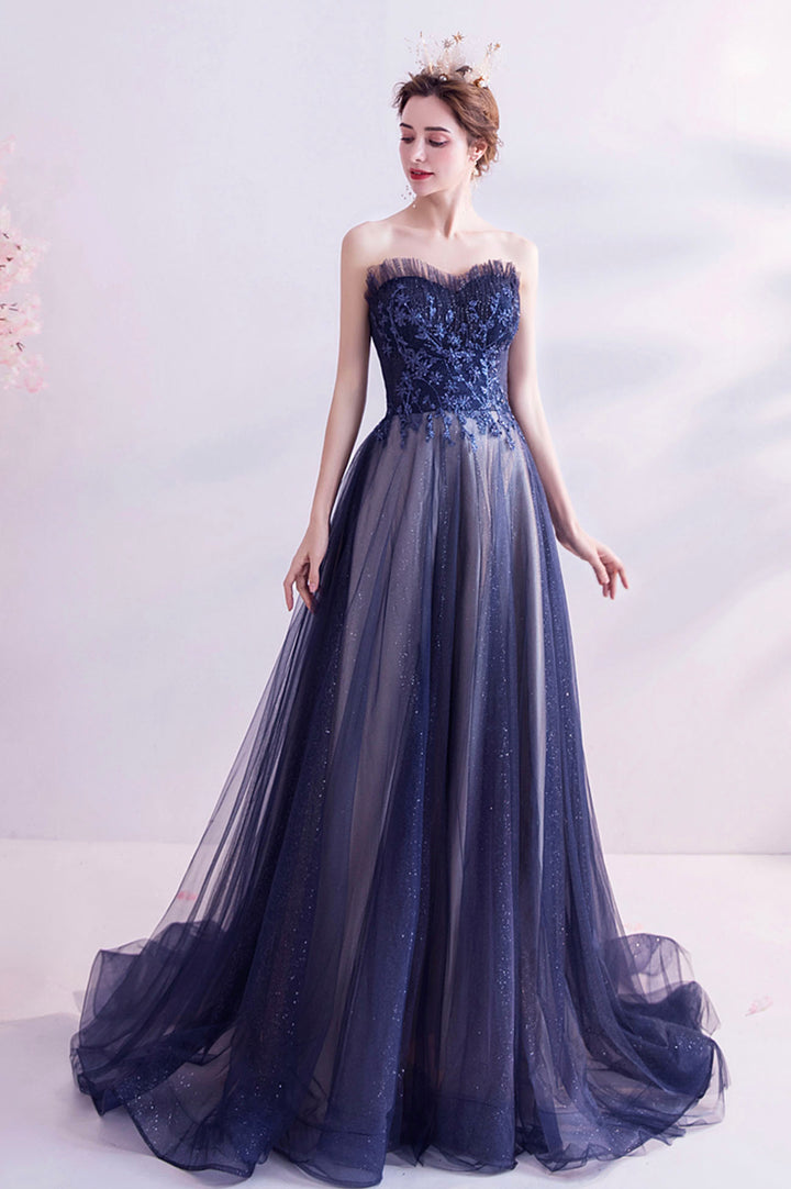 Luolandi Blue Strapless Tulle Long Prom Dresses A-Line Evening Dresses Off Shoulder