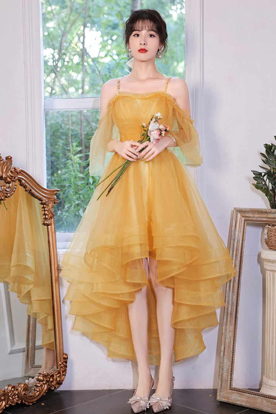 Luolandi Yellow Tulle High Low Prom Dresses A-Line Evening Dresses Short Graduation Dress