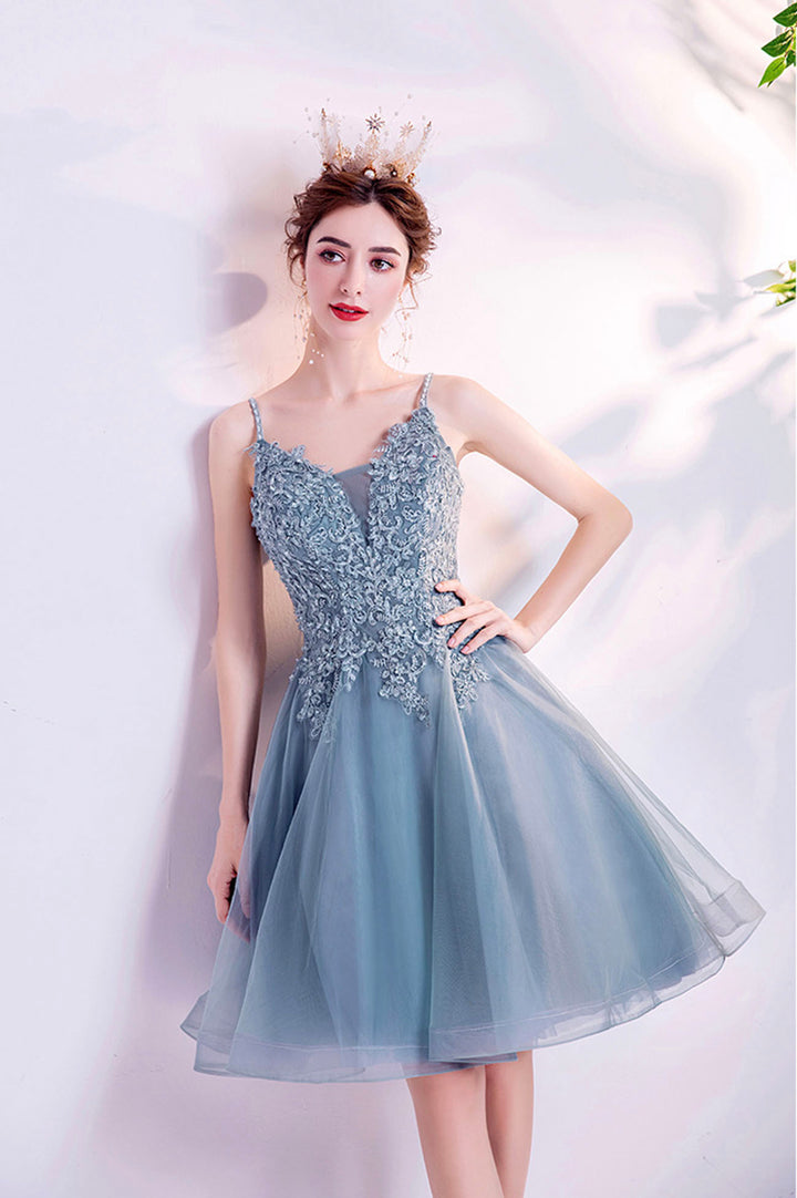 Luolandi Blue V-Neck Lace Short Prom Dress A-Line Evening Party Dress Homecoming Dresses