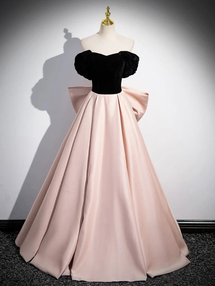 Luolandi Black Satin and Pink Satin Long Prom Dress Lovely A-Line Bow Party Evening Dress Floor Length