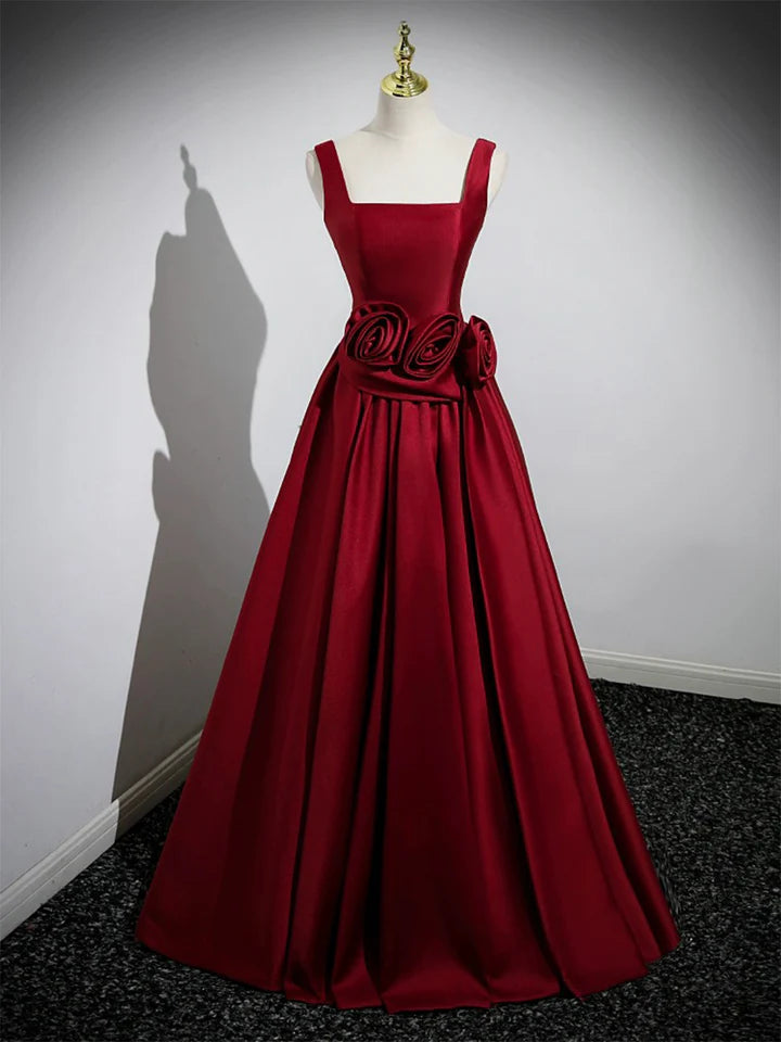 Luolandi Burgundy Satin Long Prom Dress with Flowers Elegant A-Line Party Dress Floor Length