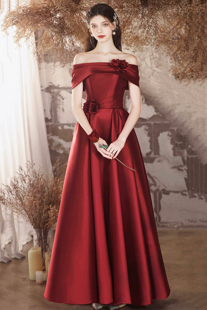 Luolandi Burgundy Satin Long Prom Dress Beautiful Off the Shoulder A-Line Evening Party Dress With Flowers