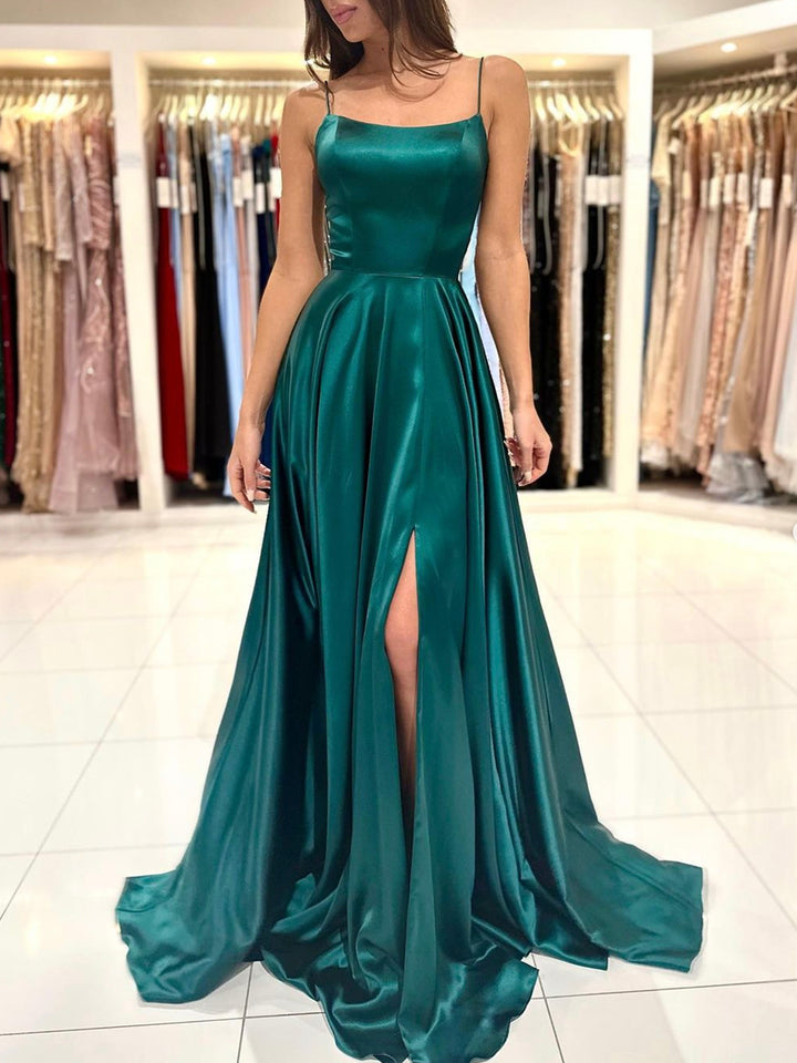 Luolandi Simple Satin Long Prom Dress A-Line Green Backless Evening Dress Sexy