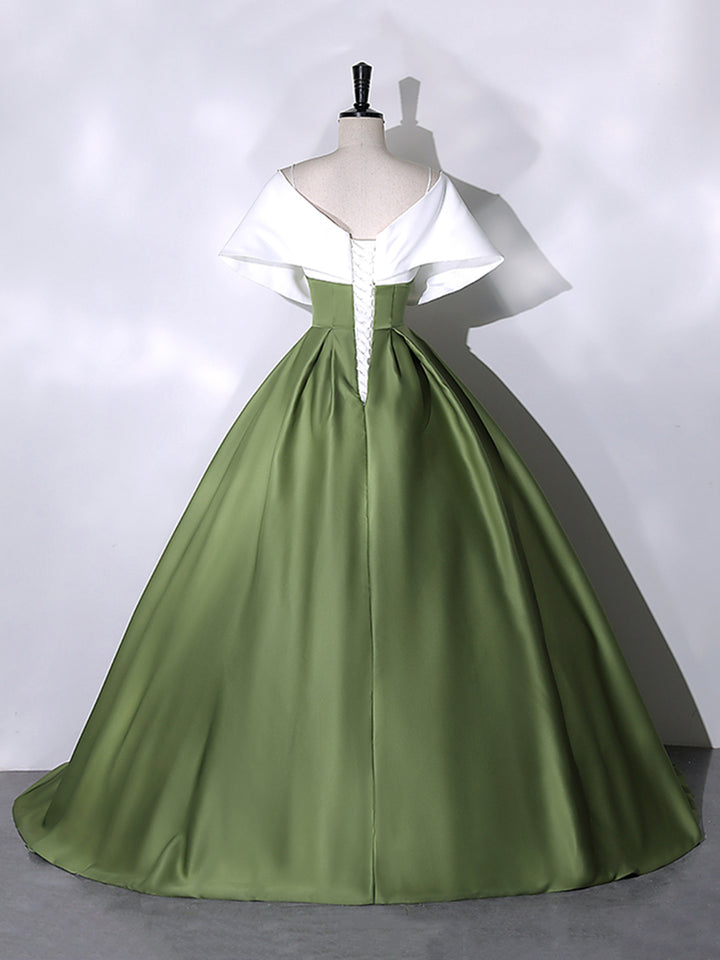 Luolandi +Green Satin Floor Length Prom Dress V-Neck Off the Shoulder Evening Dress Sexy