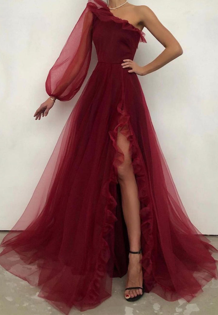 Luolandi Burgundy Tulle Long Prom Dresses One Shoulder Evening Dresses Sexy