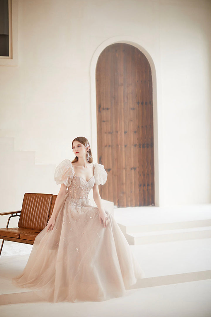 Luolandi Champagne Puff Sleeve Tulle Long Prom Dress A-Line Evening Dress Floor Length