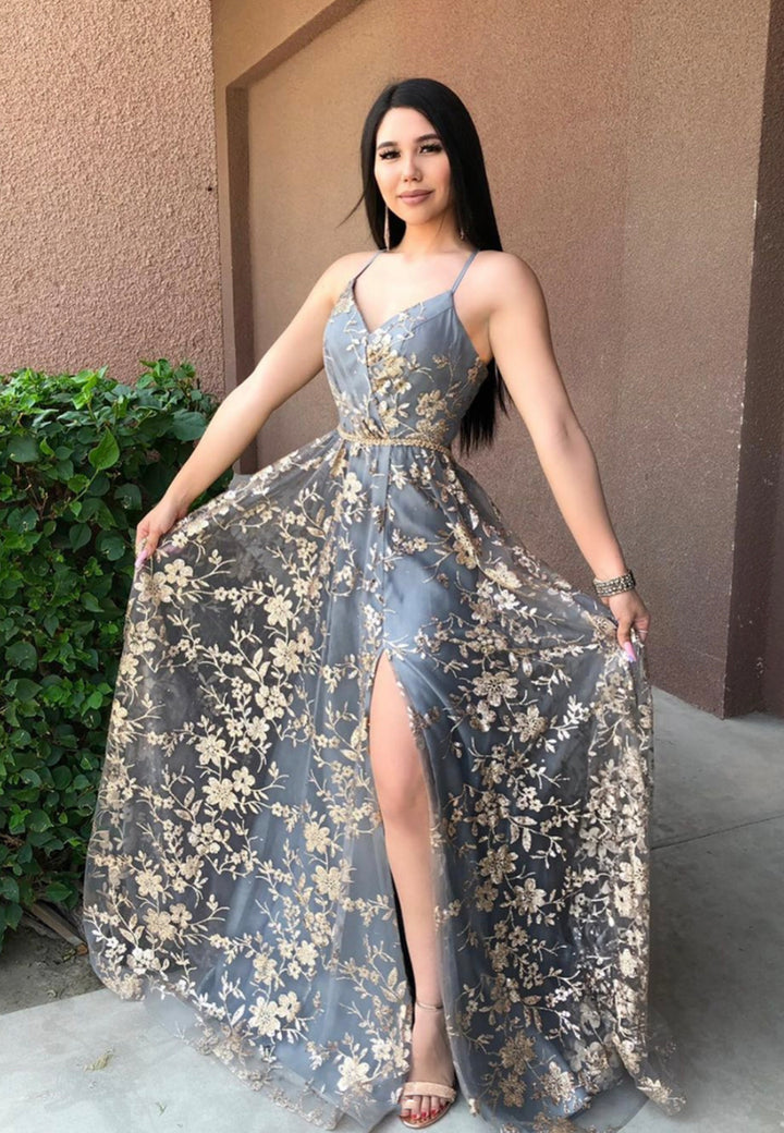 Luolandi A-Line Backless Long Prom Dresses Grey V-Neck Evening Dresses Sexy