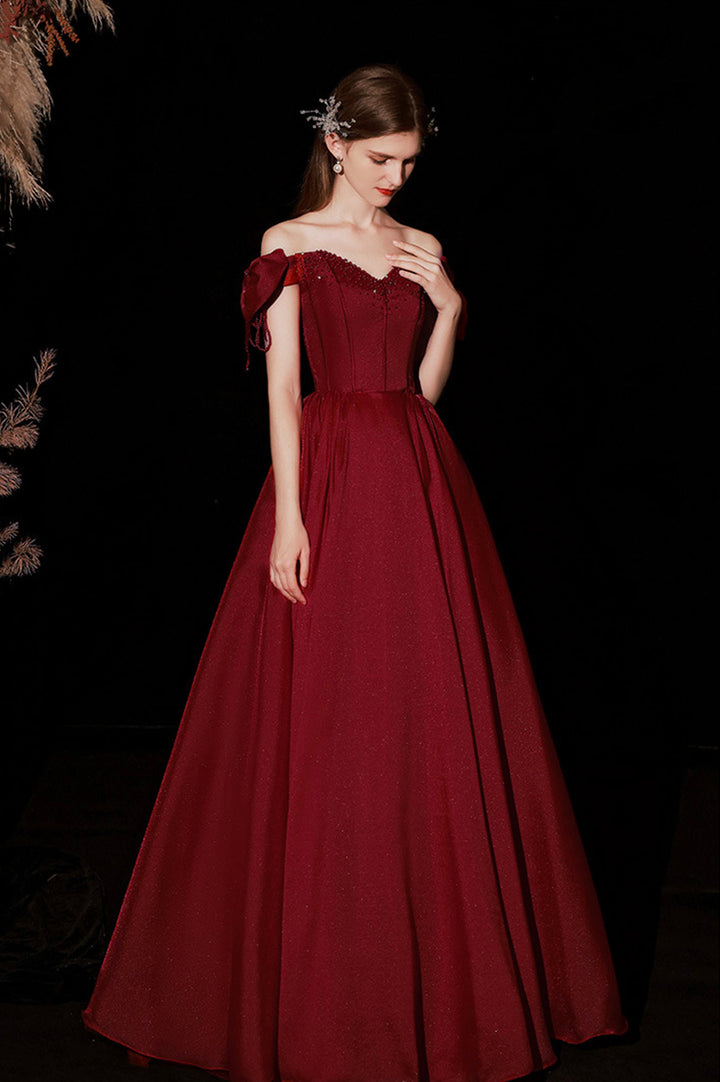 Luolandi Burgundy Satin Long Prom Dresses A-Line Off the Shoulder Formal Dresses Sexy