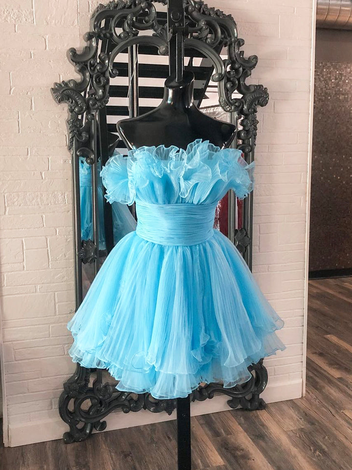 Luolandi Blue Strapless A-Line Short Prom Dress Organza Pleated Ruffle Tiered Homecoming Dress