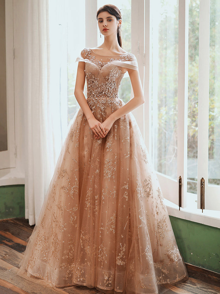 Luolandi Cute Tulle Sequins Long Prom Dresses Beautiful A-Line Evening Dresses Sparkly