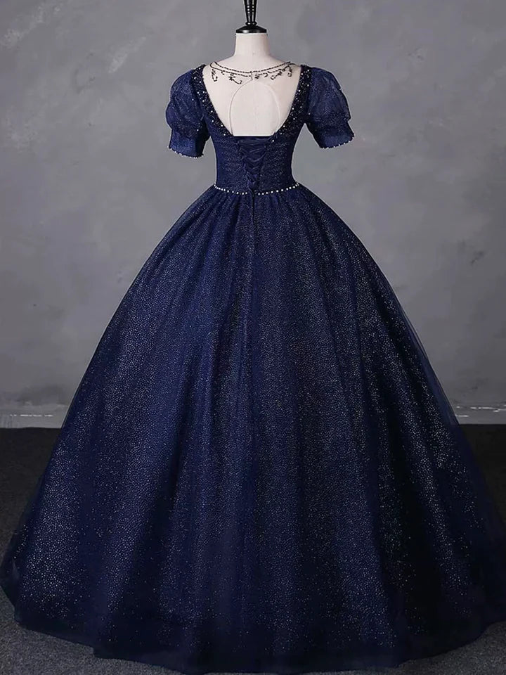 Luolandi Navy Blue Tulle Beading Long Party Dress Scoop NecklineShort Sleeve Evening Dress