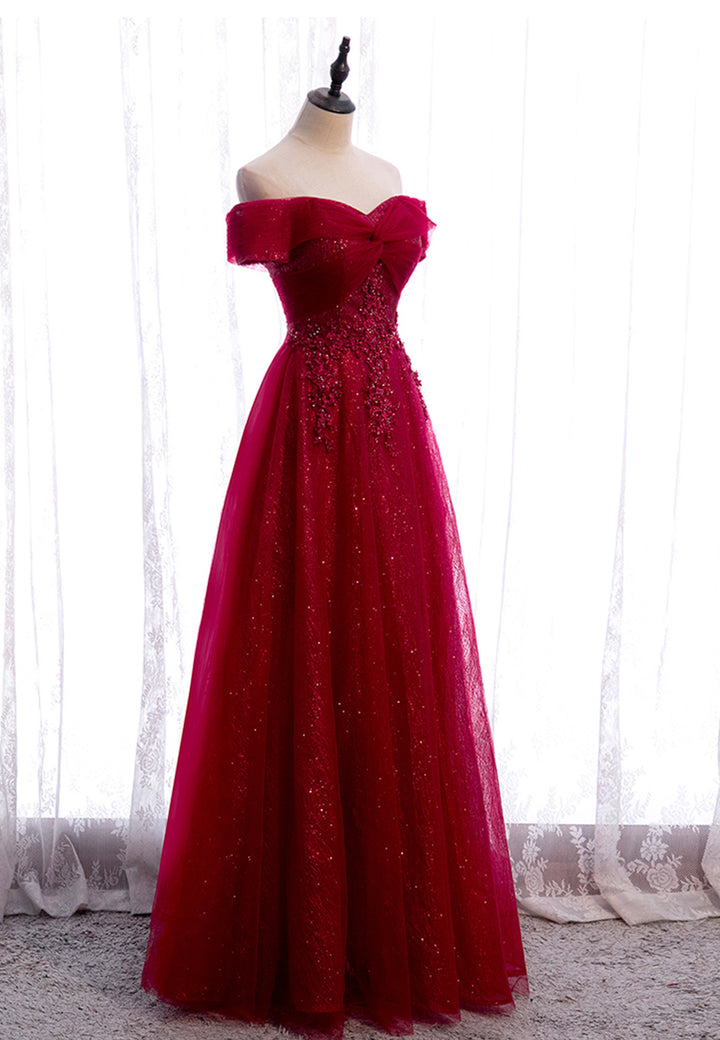 Luolandi Burgundy Lace Long Prom Dresses A-Line Off the Shoulder Evening Dresses Floor Length