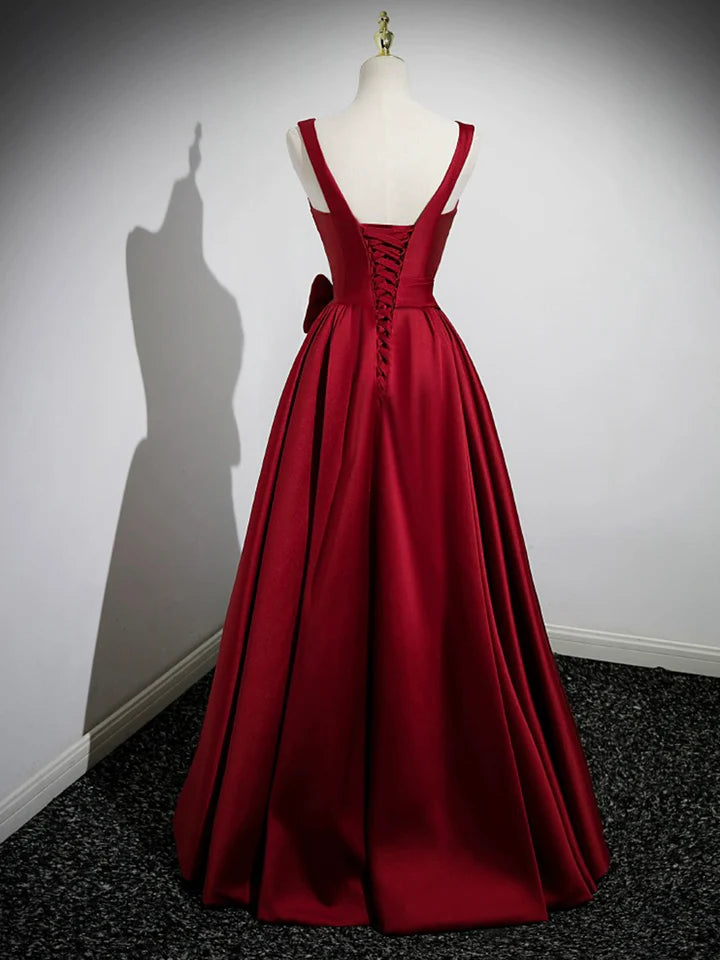 Luolandi Burgundy Satin Long Prom Dress with Flowers Elegant A-Line Party Dress Floor Length