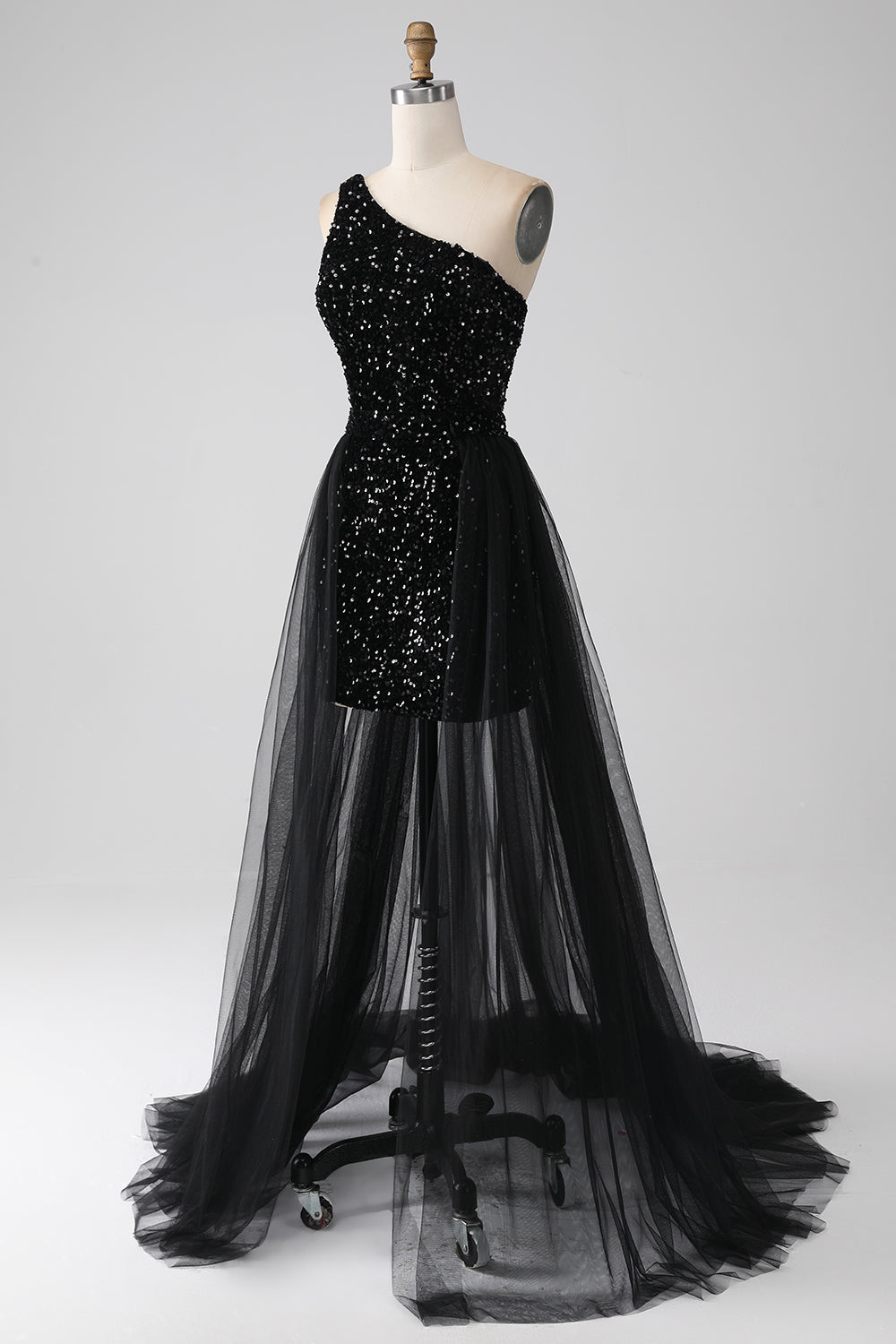 Luolandi Sparkly Black A-Line One Shoulder Sequins Long Prom Dress Sexy Evening Dresses