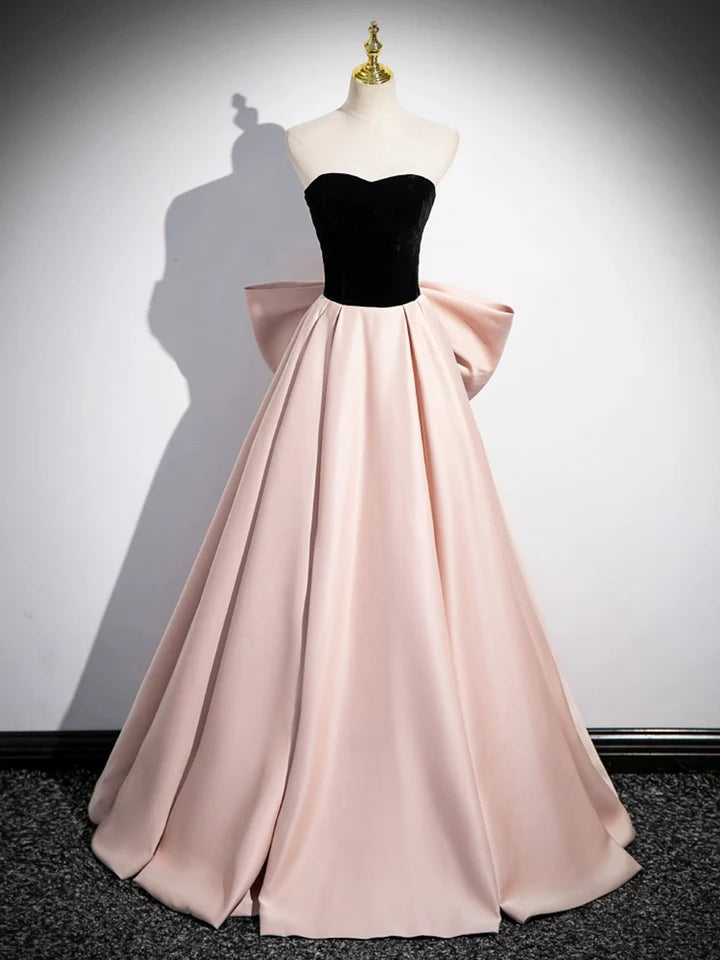 Luolandi Black Satin and Pink Satin Long Prom Dress Lovely A-Line Bow Party Evening Dress Floor Length