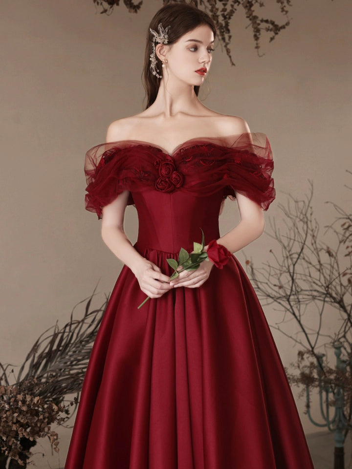 Luolandi Burgundy Satin Off the Shoulder Floor Length Prom Dress Beautiful A-Line Evening Dress Sexy