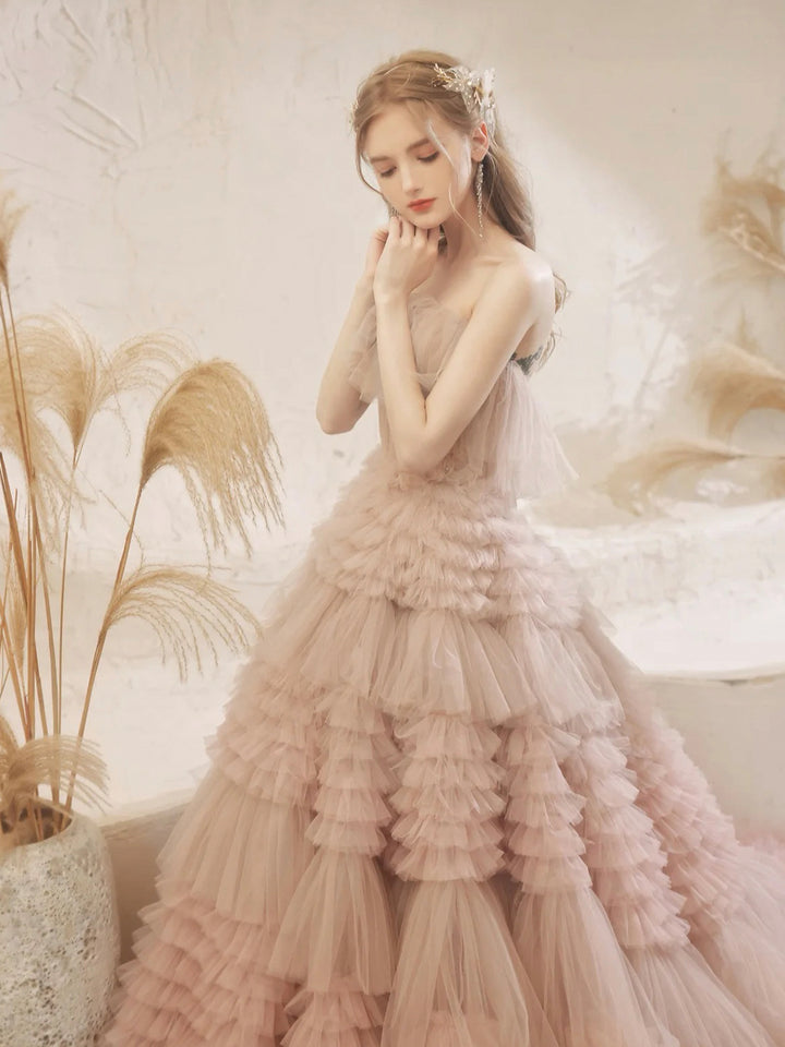 Luolandi Light Pink Tulle Layers Long Prom Dresses Beautiful Tulle Sweet 16 Dresses Off Shoulder