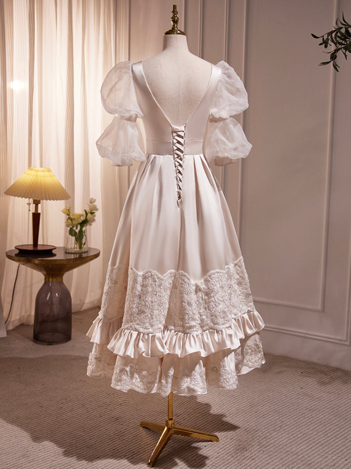 Luolandi Beautiful Scoop Neck Tea Length Prom Dress A-Line Puffy Short Sleeve Backless Party Dress Homecoming Dresses