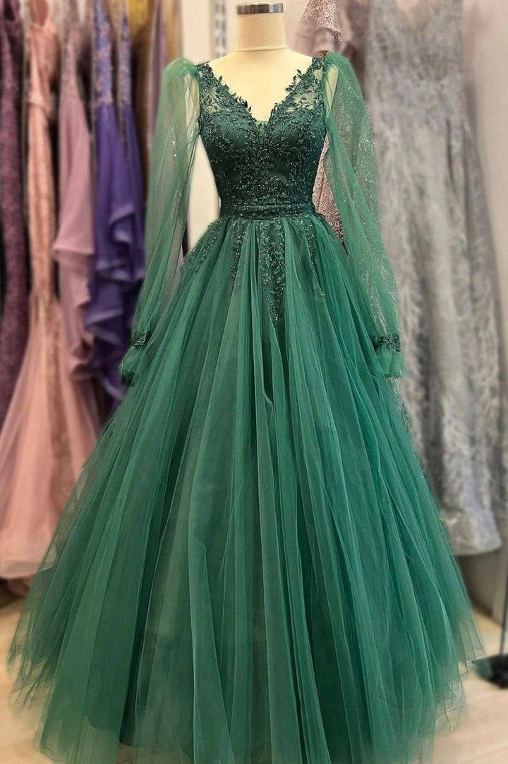 Luolandi Green V-Neck Tulle Long Prom Dresses A-Line Long Sleeve Evening Dresses Floor Length