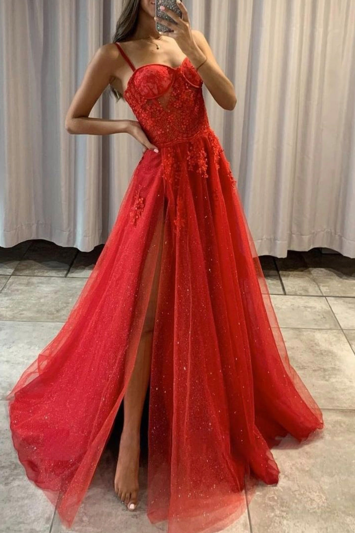 Luolandi Red Spaghetti Lace Long Prom Dress A-Line Evening Dress with Slit Sexy