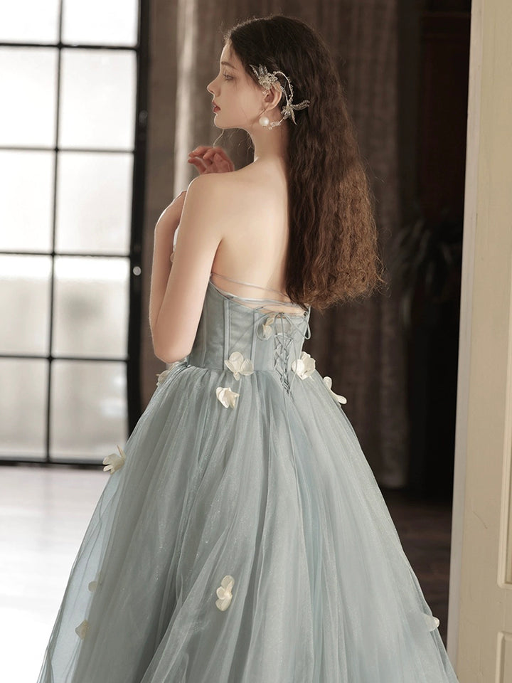Luolandi Gray Tulle Strapless Long Prom Dress Lovely A-Line Sweetheart Neck Party Dress With Flowers