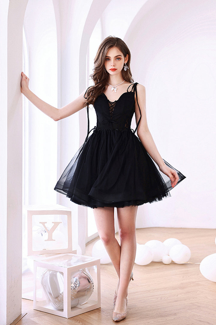 Luolandi Black Tulle Short A-Line Prom Dress Black Evening Party Dress Homecoming Dresses
