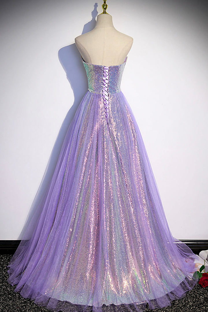 Luolandi Purple Strapless Sequins Floor Length Prom Dress A-Line Formal Dress Sparkly