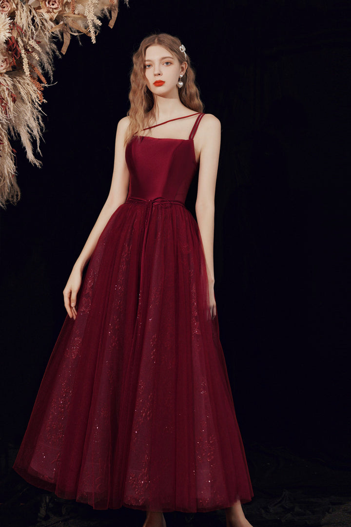 Luolandi Burgundy Tulle Long A-Line Prom Dress A-Line Formal Evening Dress Pure Color