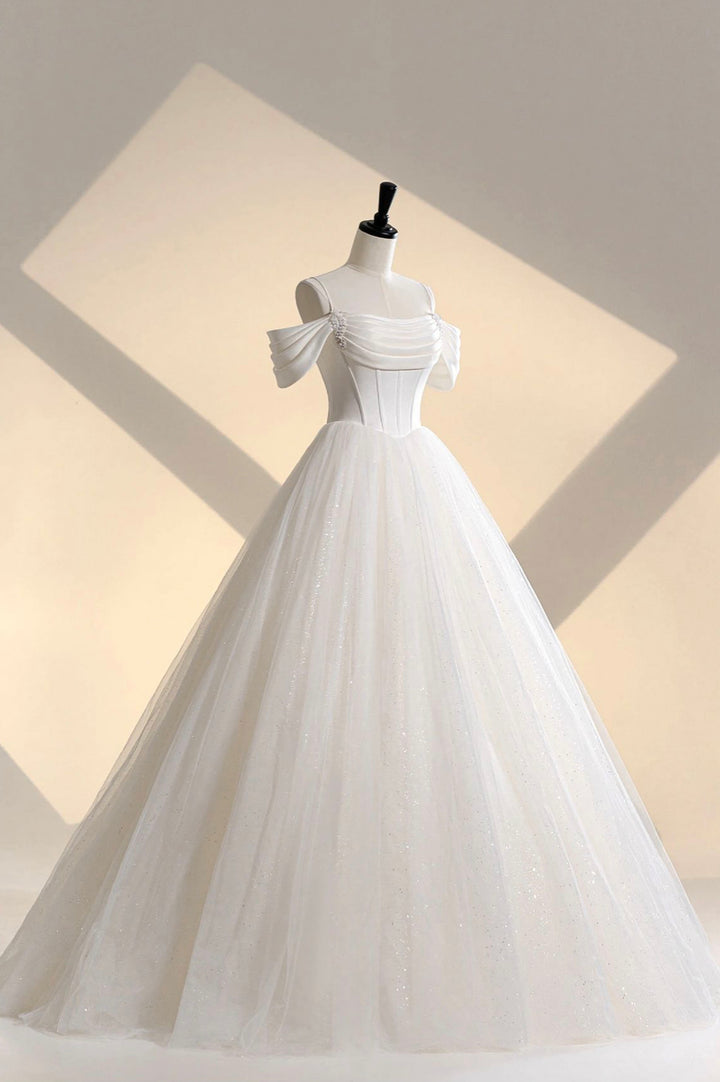 Luolandi Ivory Tulle Off the Shoulder Formal Gown Elegant A-Line Wedding Dress Floor Length Sparkly