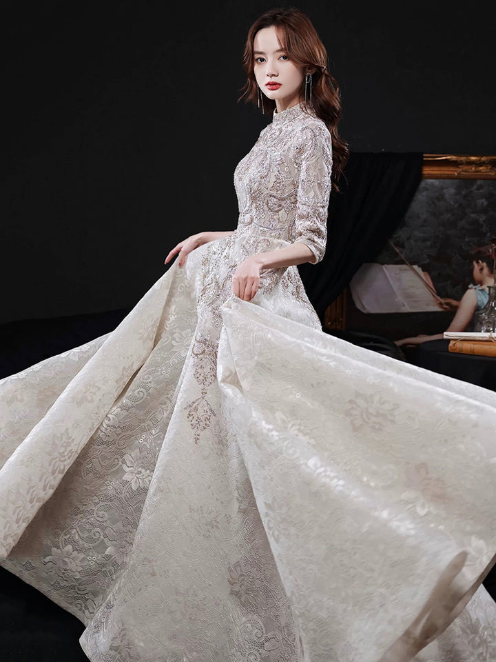 Luolandi Elegant Lace Mid-sleeve Long Formal Dress Champagne High Neck Evening Party Dress Beautiful