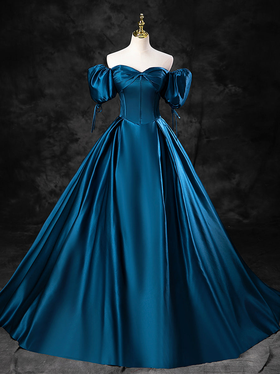 Luolandi Blue Satin Off the Shoulder Floor Length Prom Dress A-Line Party Dress